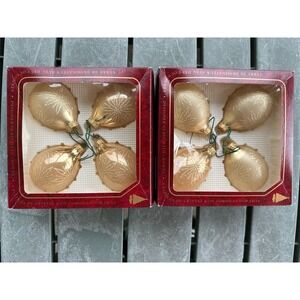 90s Christmas By Krebs 8 VTG Hand Decorated Blown Glass Ornaments Tan/Gold‎